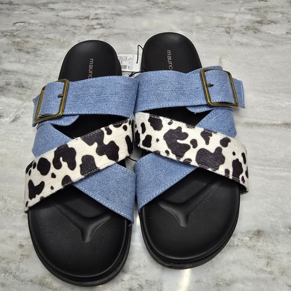 Maurices Denim Cow Print Double Strap Slide Sandals Womens Size 9 NWT - Picture 2 of 3